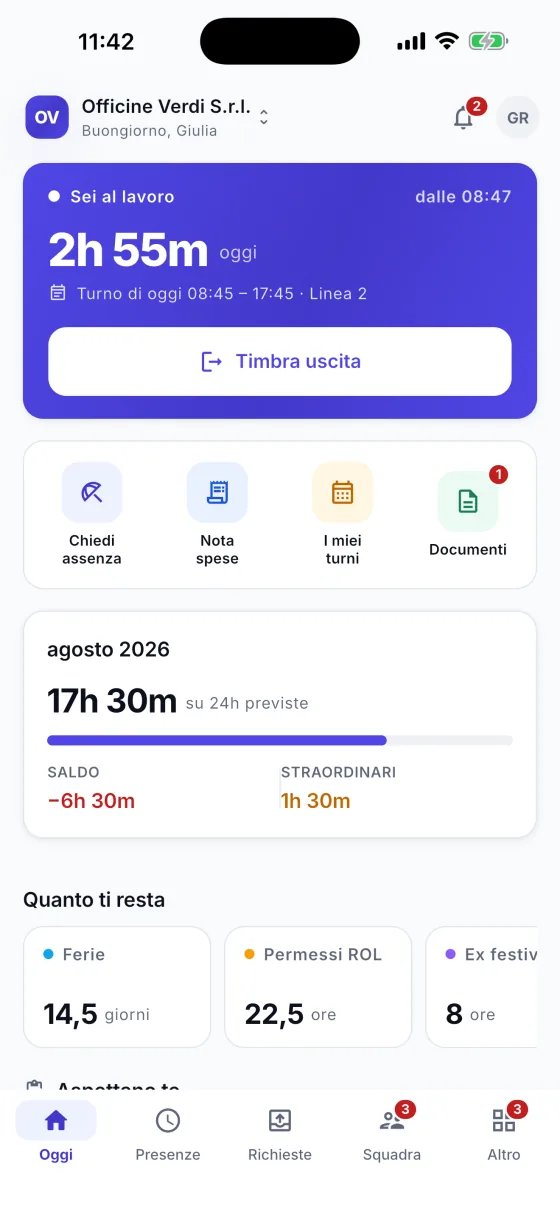 App di timbratura per dipendenti: la schermata «Oggi» di Omega People con la timbratura in corso, le ore del mese e il saldo di ferie e permessi